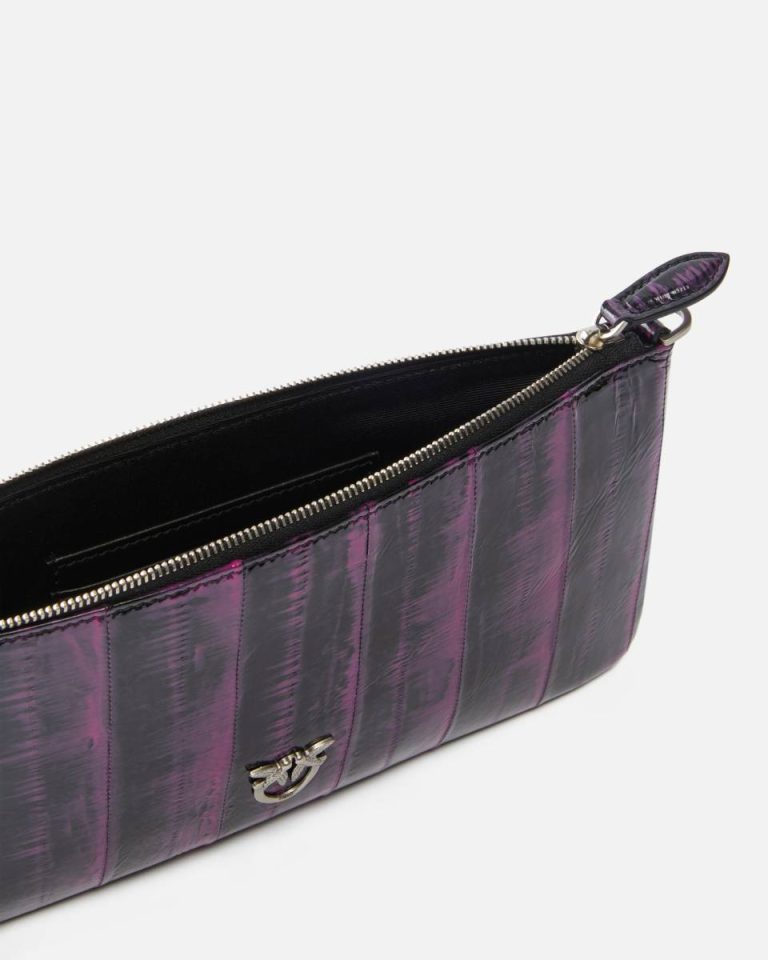 Pinko Galleria Clutch Bag In Eel Skin With Shoulder Strap Pink/Black-Old Silver Leather Goods - Image 4