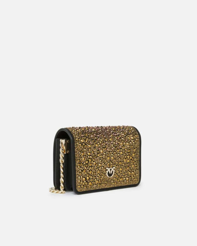 Pinko Galleria Full-Rhinestone Mini Love Bag Click Black-Light Gold Crossbody Bags - Image 2