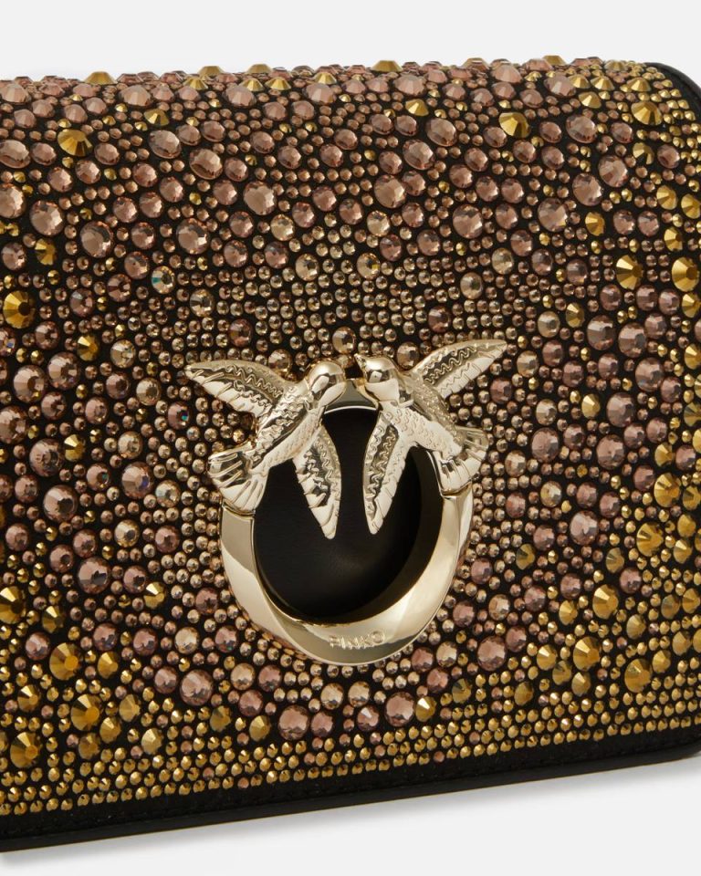 Pinko Galleria Full-Rhinestone Mini Love Bag Click Black-Light Gold Crossbody Bags - Image 3