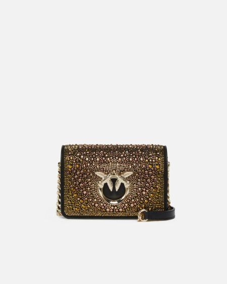 Pinko Galleria Full-Rhinestone Mini Love Bag Click Black-Light Gold Crossbody Bags