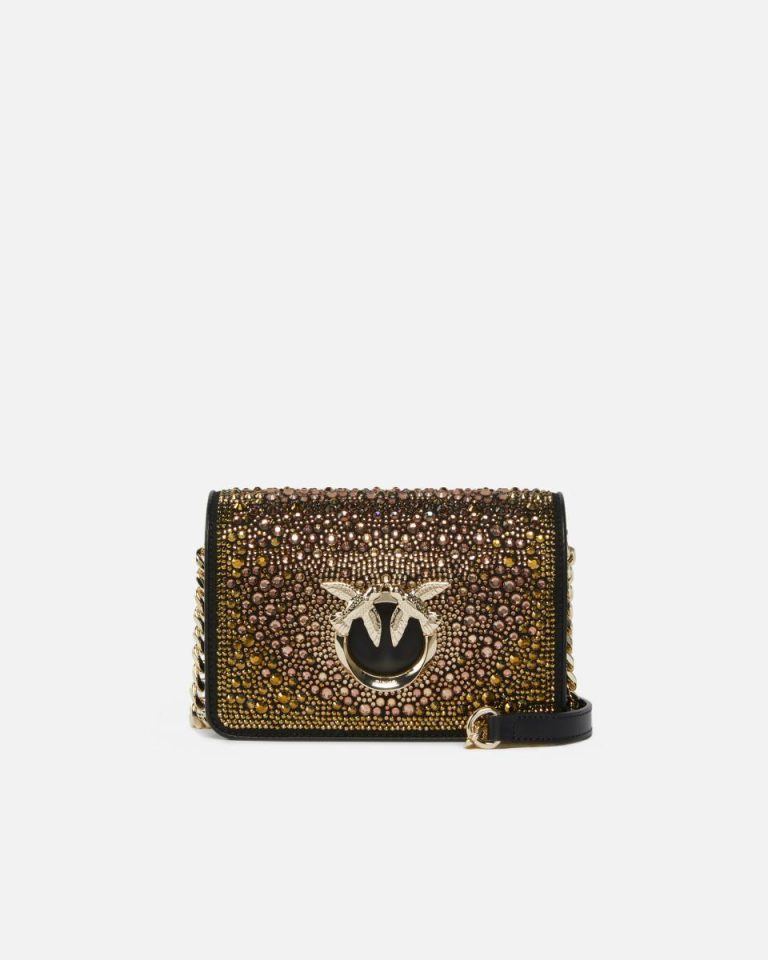 Pinko Galleria Full-Rhinestone Mini Love Bag Click Black-Light Gold Crossbody Bags