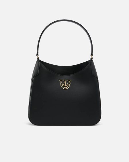 Pinko Galleria Hobo Shoulder Bag In Smooth Leather Black-Light Gold Shoulder Bags