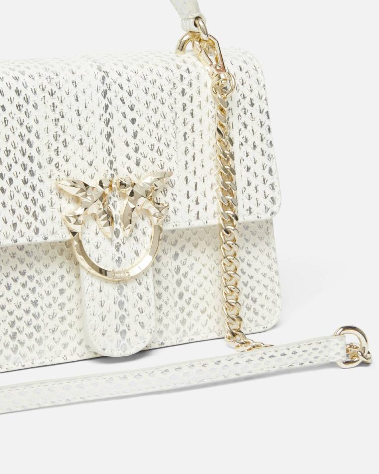 Pinko Galleria Laminated Reptile Skin Bag With Shoulder Strap And Handle White/Silver-Light Gold Handbags - Image 3