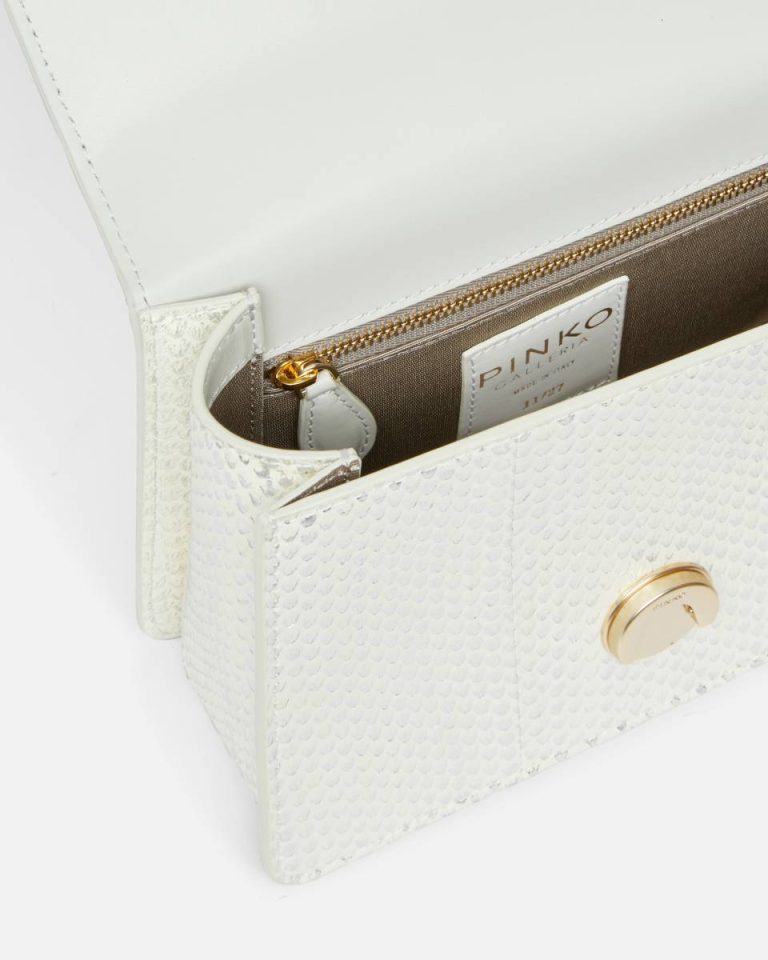 Pinko Galleria Laminated Reptile Skin Bag With Shoulder Strap And Handle White/Silver-Light Gold Handbags - Image 4