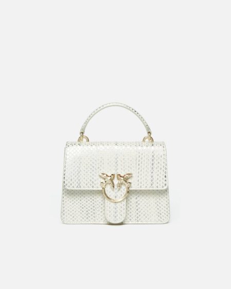 Pinko Galleria Laminated Reptile Skin Bag With Shoulder Strap And Handle White/Silver-Light Gold Handbags