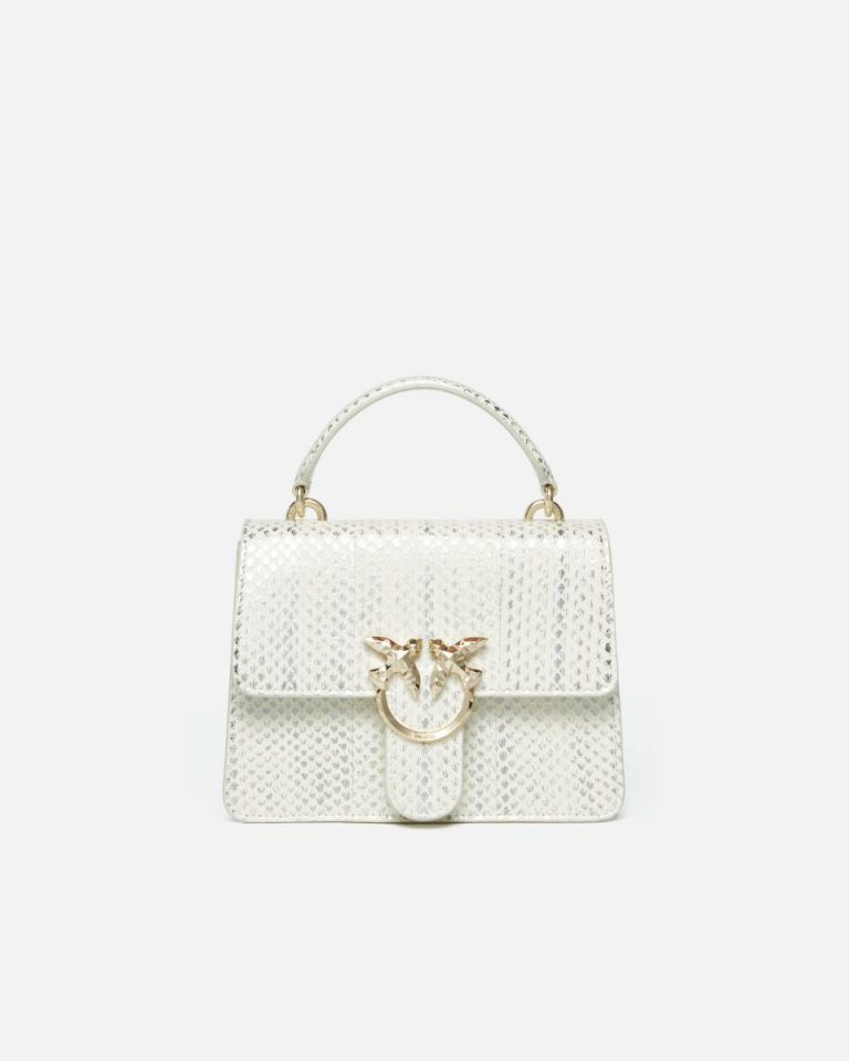 Pinko Galleria Laminated Reptile Skin Bag With Shoulder Strap And Handle White/Silver-Light Gold Handbags