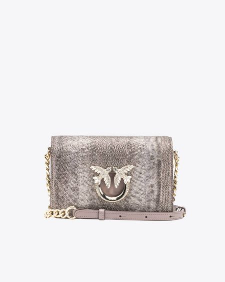 Pinko Galleria Mini Click Crossbody Bag In Glittery Reptile Leather Beige - Iron-Light Gold Crossbody Bags