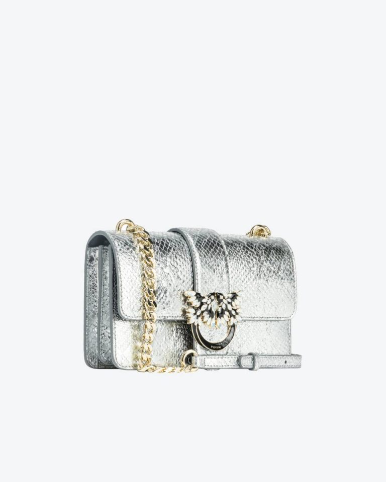 Pinko Galleria Mini Love Bag One In Punched Reptile Skin Crossbody Bags Silver-Light Gold - Image 3