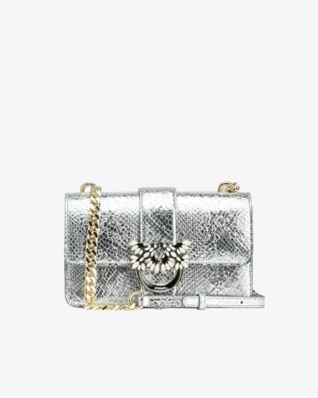 Pinko Galleria Mini Love Bag One In Punched Reptile Skin Crossbody Bags Silver-Light Gold