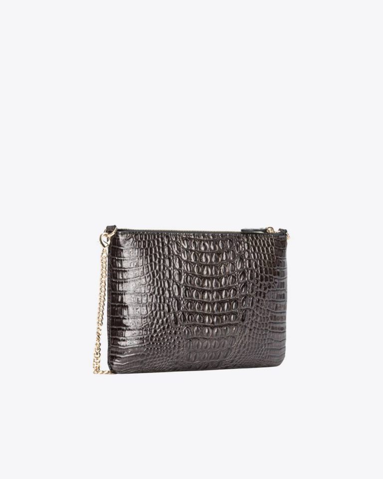 Pinko Galleria Shiny Croc-Print Classic Flat Love Bag Leather Goods Black-Light Gold - Image 2