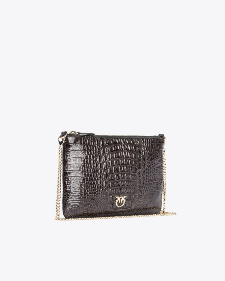 Pinko Galleria Shiny Croc-Print Classic Flat Love Bag Leather Goods Black-Light Gold - Image 3