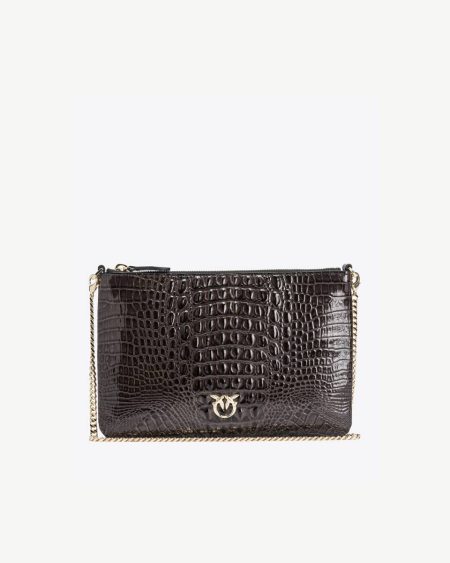Pinko Galleria Shiny Croc-Print Classic Flat Love Bag Leather Goods Black-Light Gold