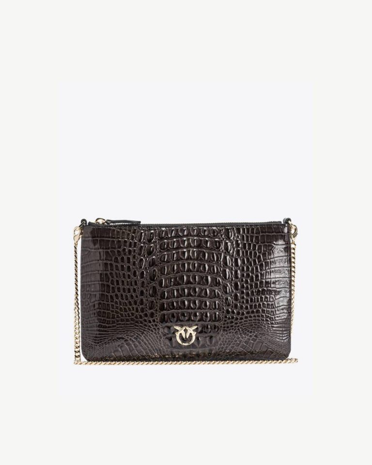 Pinko Galleria Shiny Croc-Print Classic Flat Love Bag Leather Goods Black-Light Gold