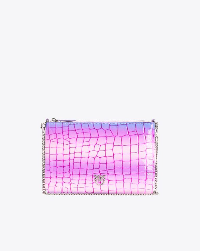 Pinko Galleria Shiny Fade-Effect Croc-Print Classic Flat Love Bag Pink/Purple-Old Silver Leather Goods