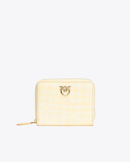 Pinko Galleria Square Zip-Around Wallet In Shiny Croc-Print Leather Hay-Light Gold Purses