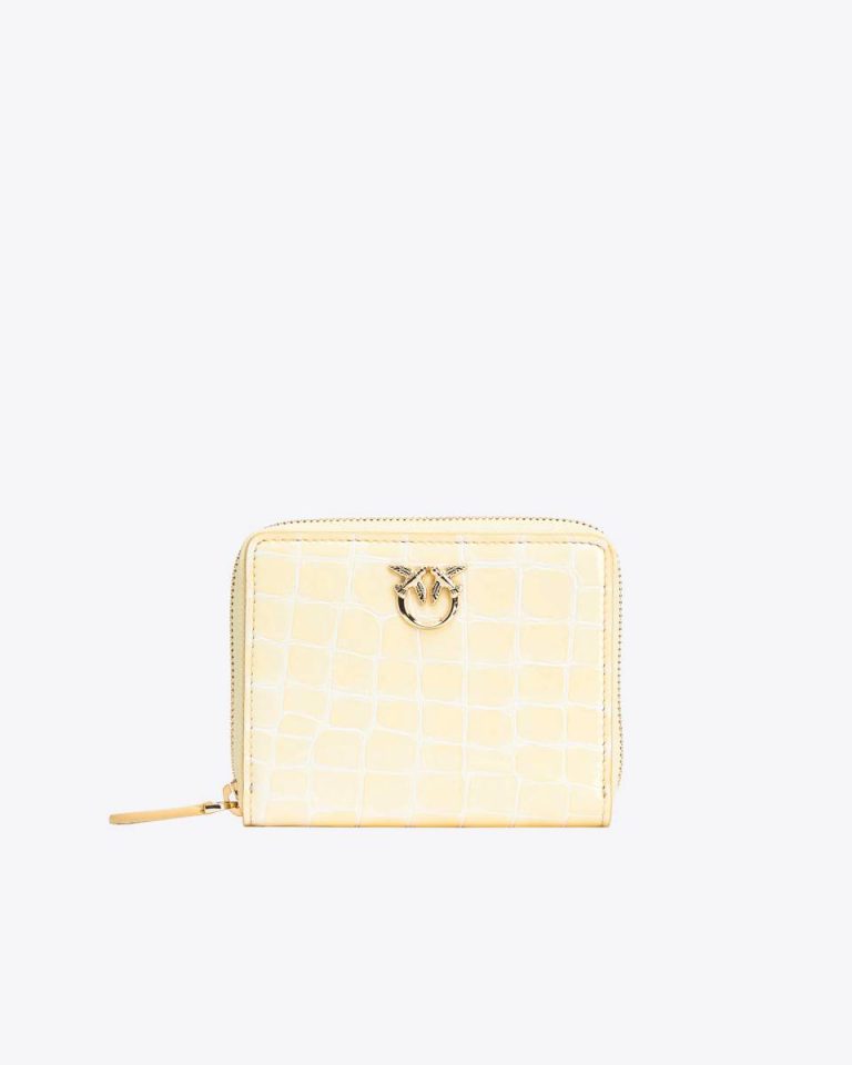 Pinko Galleria Square Zip-Around Wallet In Shiny Croc-Print Leather Hay-Light Gold Purses