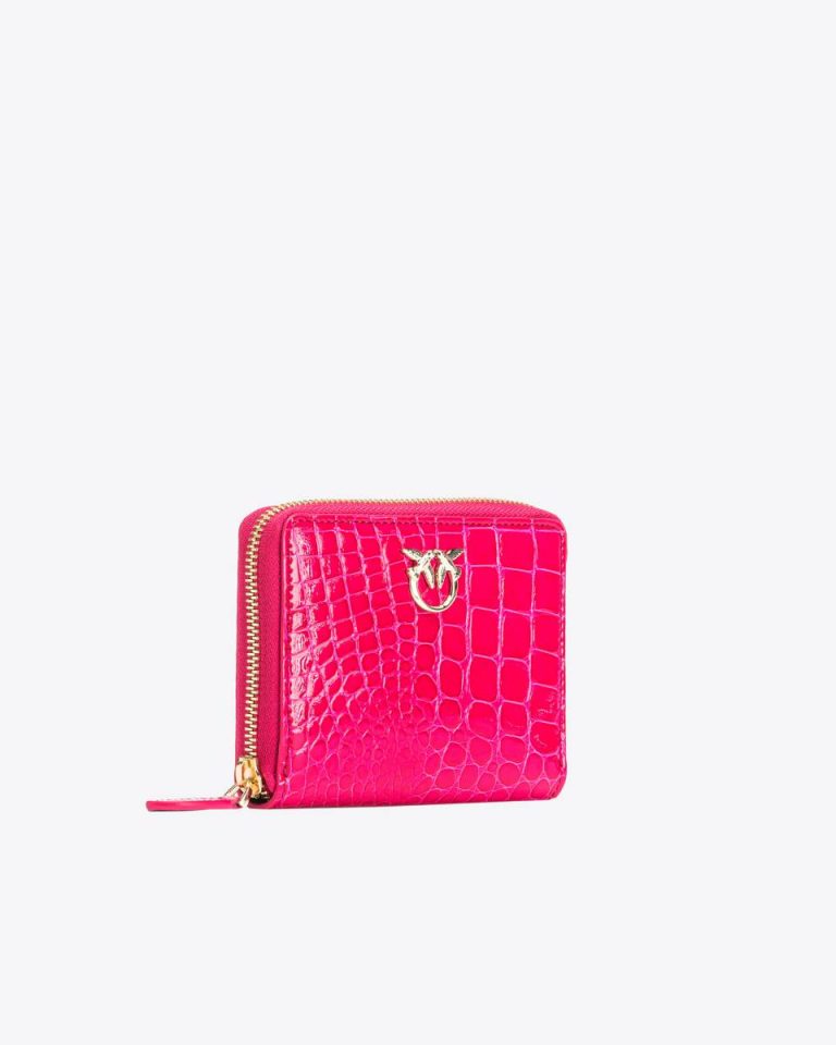 Pinko Galleria Square Zip-Around Wallet In Shiny Croc-Print Leather Pinko Pink-Light Gold Leather Goods - Image 3