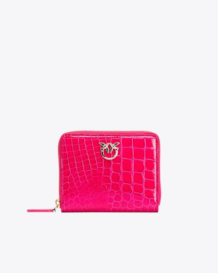 Pinko Galleria Square Zip-Around Wallet In Shiny Croc-Print Leather Pinko Pink-Light Gold Leather Goods