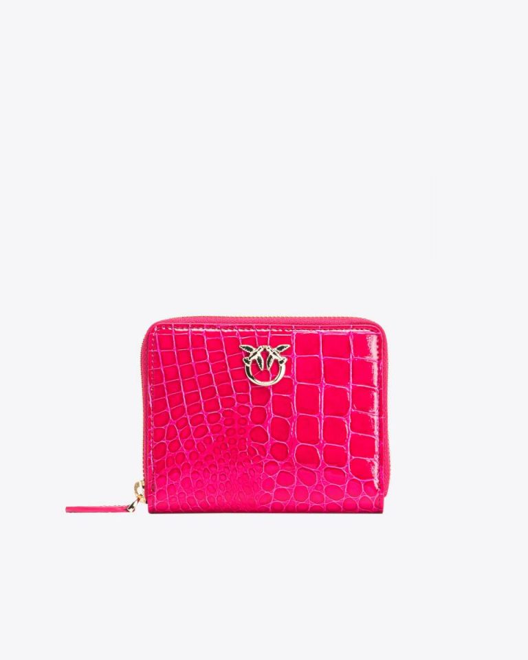 Pinko Galleria Square Zip-Around Wallet In Shiny Croc-Print Leather Pinko Pink-Light Gold Leather Goods