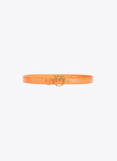 Pinko Galleria Thin 2Cm Shiny Coloured Croc-Print Belt With Love Birds Buckle Orange-Light Gold Belts