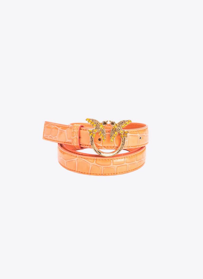 Pinko Galleria Thin 2Cm Shiny Coloured Croc-Print Belt With Love Birds Buckle Orange-Light Gold Belts - Image 5