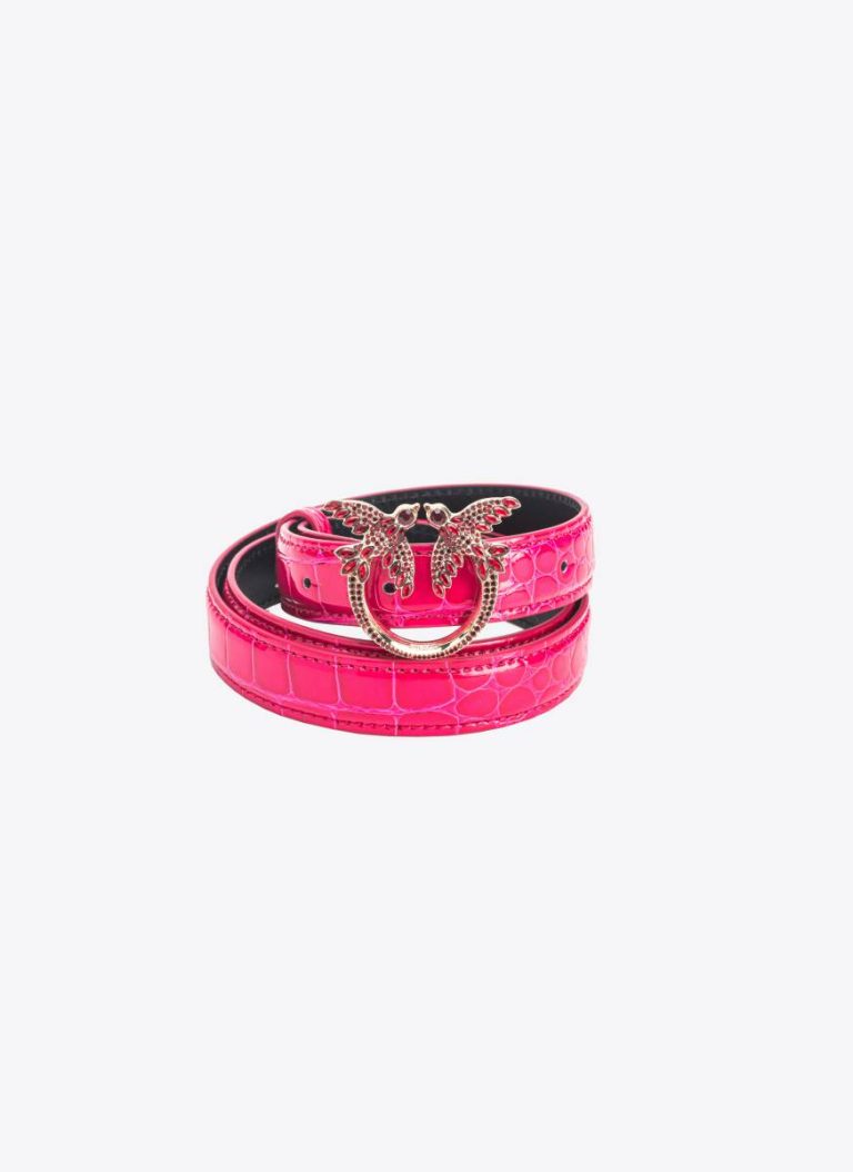 Pinko Galleria Thin 2Cm Shiny Coloured Croc-Print Belt With Love Birds Buckle Pinko Pink-Light Gold Belts - Image 4