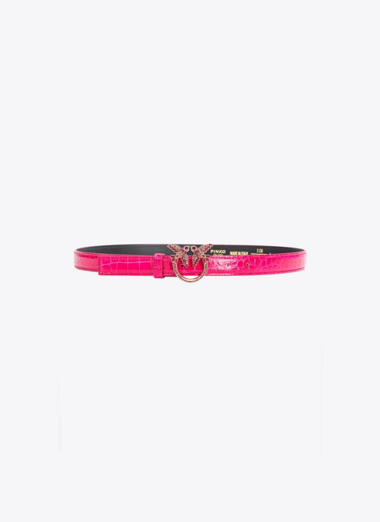 Pinko Galleria Thin 2Cm Shiny Coloured Croc-Print Belt With Love Birds Buckle Pinko Pink-Light Gold Belts
