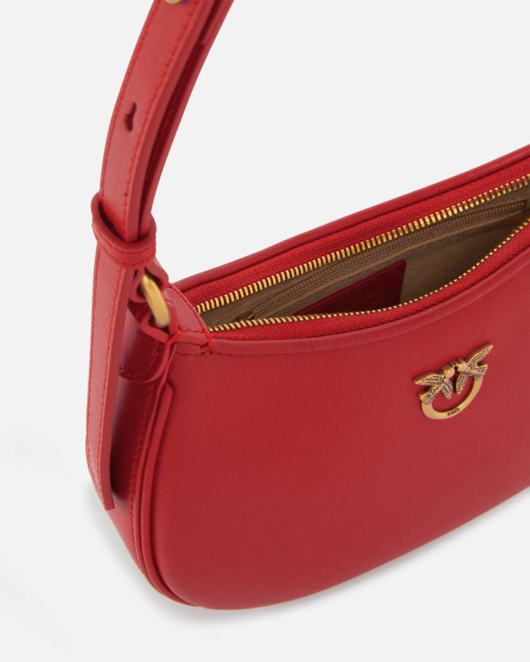 Pinko Half Moon Baby Leather Shoulder Bag Red-Antique Gold Shoulder Bags - Image 4