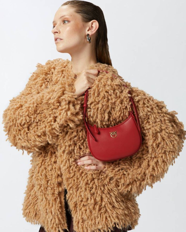 Pinko Half Moon Baby Leather Shoulder Bag Red-Antique Gold Shoulder Bags - Image 5