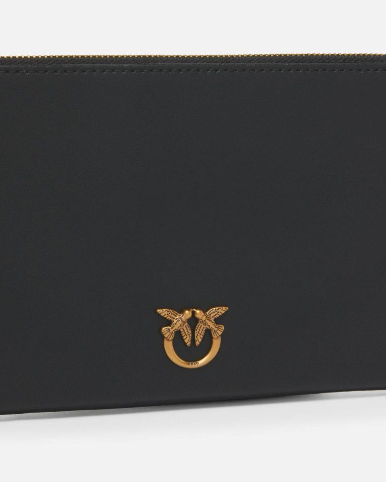 Pinko Horizontal Flat Bag In Leather Black-Antique Gold Clutch Bags - Image 3