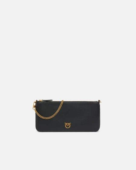 Pinko Horizontal Flat Bag In Leather Black-Antique Gold Clutch Bags