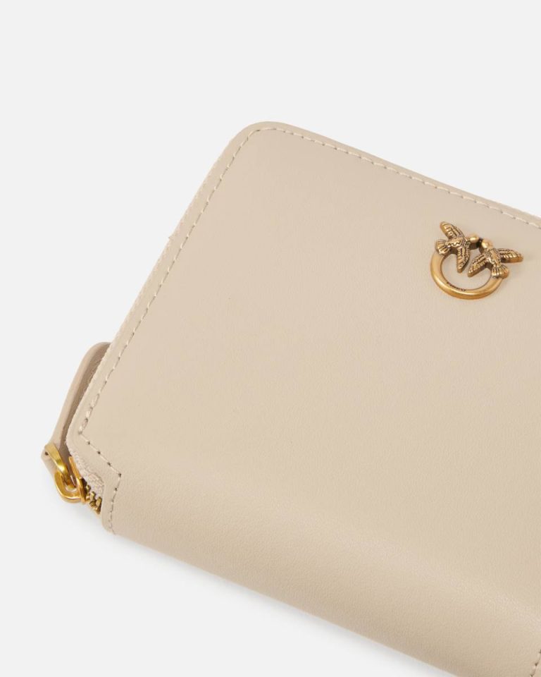 Pinko Purses Square Leather Zip-Around Purse Beige-Smoke Grey-Antique Gold - Image 4