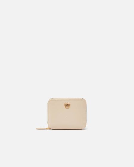 Pinko Purses Square Leather Zip-Around Purse Beige-Smoke Grey-Antique Gold