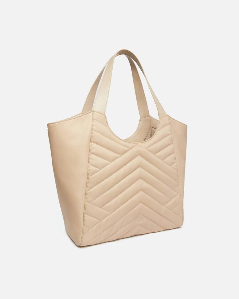 Pinko Shopper Bag In Puzzle-Quilted Recycled Fabric Shoulder Bags Beige-Smoke Grey-Antique Gold - Image 2