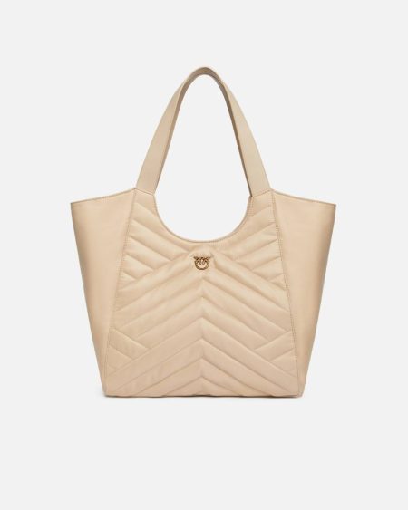 Pinko Shopper Bag In Puzzle-Quilted Recycled Fabric Shoulder Bags Beige-Smoke Grey-Antique Gold