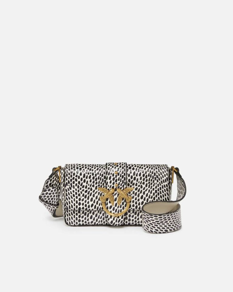 Pinko Shoulder Bags White/Black-Antique Gold Soft Mini Love Bag Reptile Polka Dots Bag With Shoulder Strap