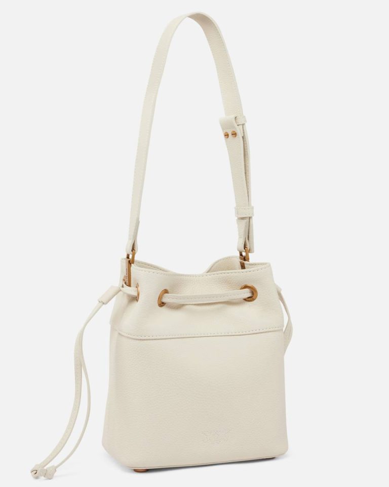 Pinko Shoulder Bags White+White-Antique Gold Small Leather Bucket Bag With Shoulder Strap - Image 2