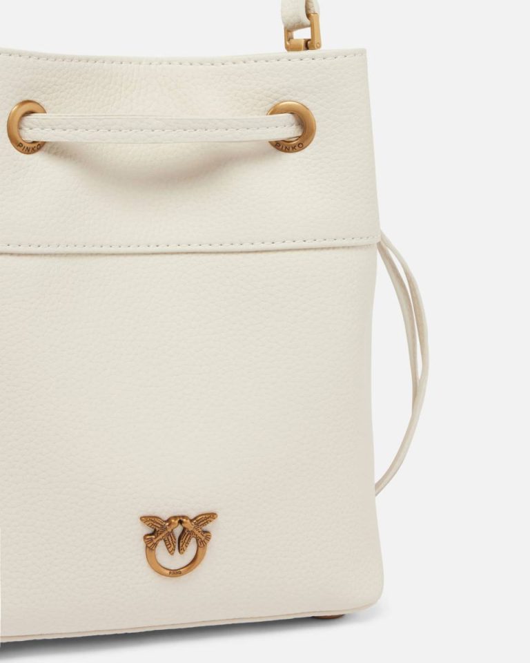 Pinko Shoulder Bags White+White-Antique Gold Small Leather Bucket Bag With Shoulder Strap - Image 3