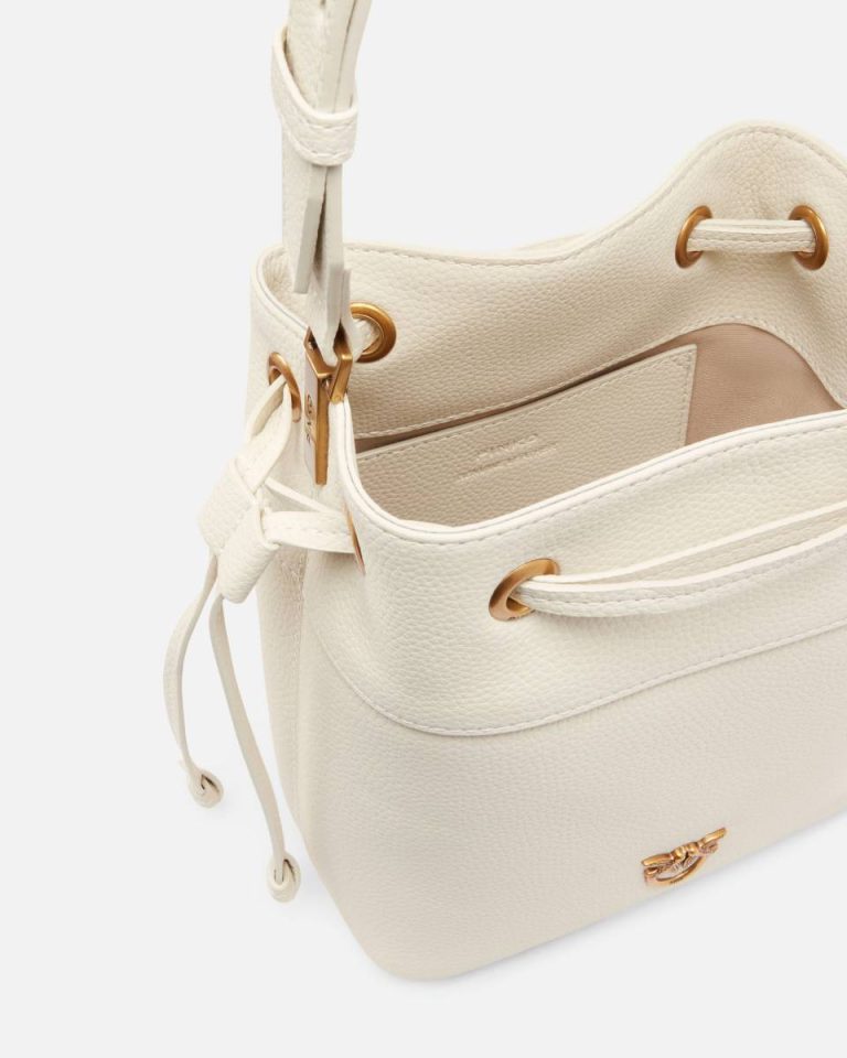 Pinko Shoulder Bags White+White-Antique Gold Small Leather Bucket Bag With Shoulder Strap - Image 4