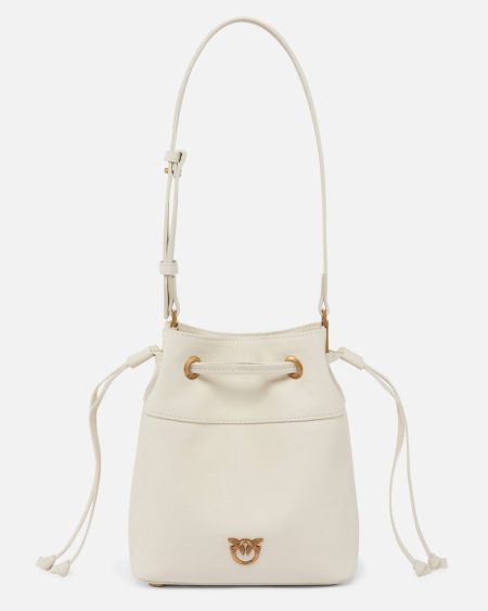 Pinko Shoulder Bags White+White-Antique Gold Small Leather Bucket Bag With Shoulder Strap