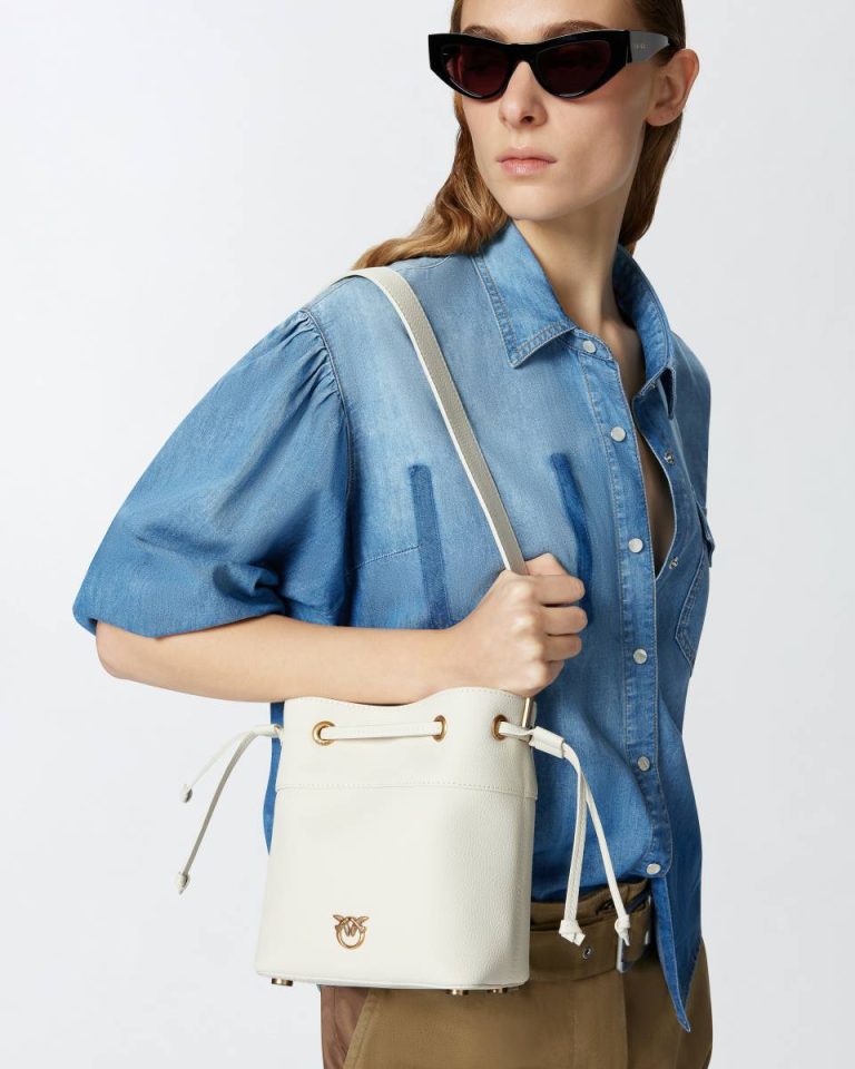 Pinko Shoulder Bags White+White-Antique Gold Small Leather Bucket Bag With Shoulder Strap - Image 5