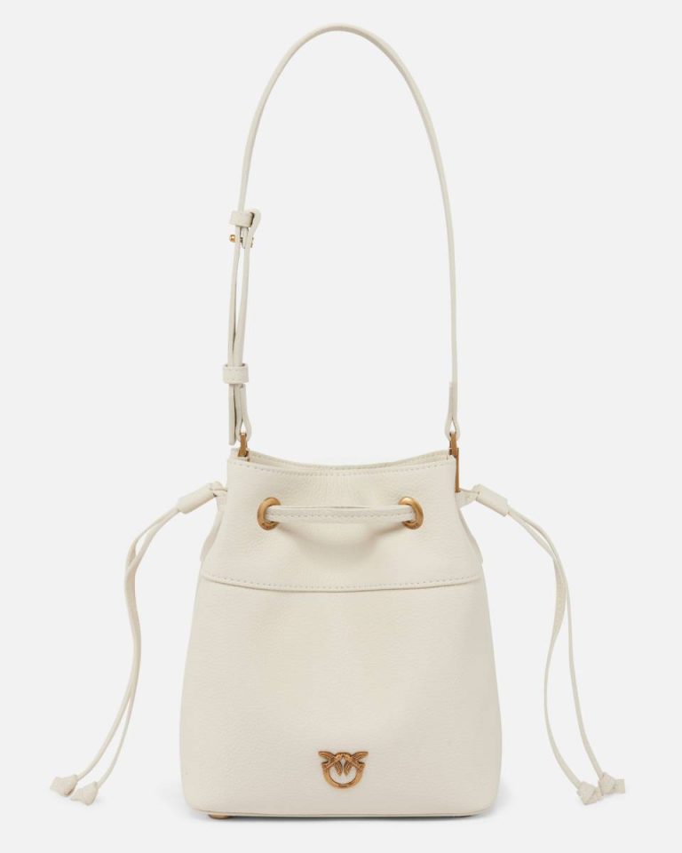 Pinko Shoulder Bags White+White-Antique Gold Small Leather Bucket Bag With Shoulder Strap