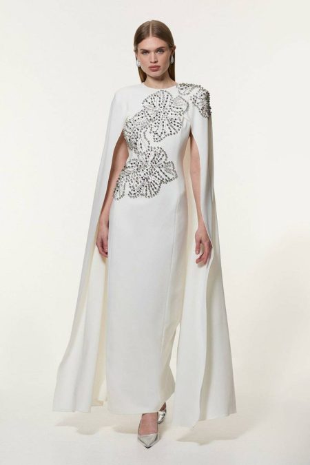 Placed Floral Crystal Embellished Tailored Drama Cape Maxi Dress Maxi Dresses Ivory Women Karen Millen