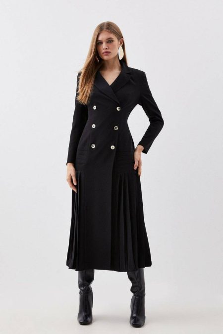 Pleated Button Detailed Woven Midi Dress Karen Millen Women Ivory Midi Dresses