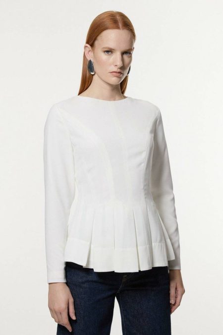 Pleated Long Sleeve Open Back Detail Woven Blouse Tailoring Karen Millen Women Ivory