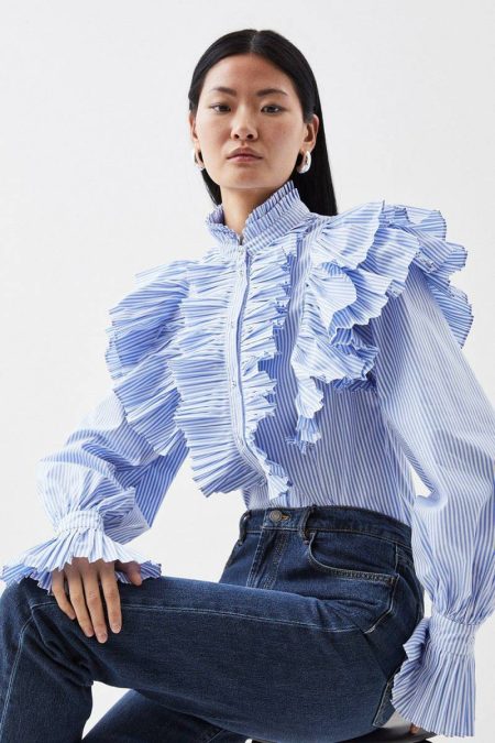 Pleated Striped Ruffle Woven Shirt Women Stripe Tops Karen Millen