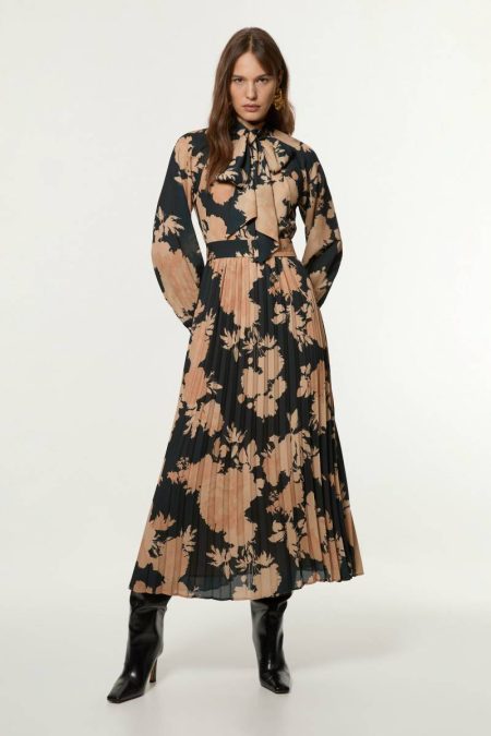 Pleated Tie Neck Woven Maxi Dress With Belt Women Modest Dresses Karen Millen Ochre