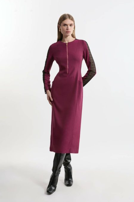 Plum Tailoring Women Karen Millen Petite Tailored Twill Lace Mix Zip Front Midi Dress