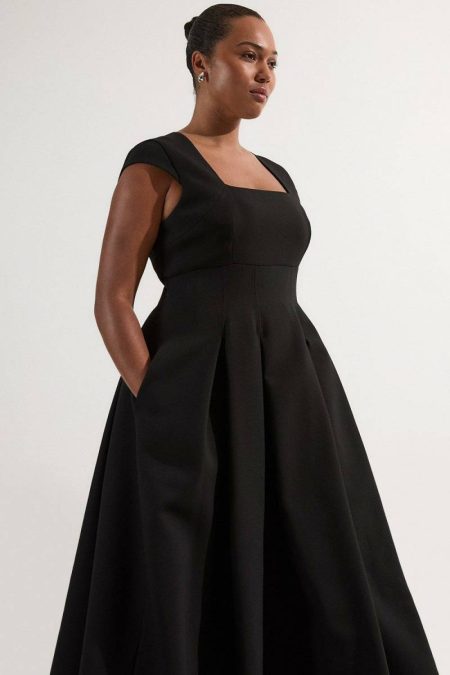 Plus Size Clean Tailored Square Neck Full Skirted Midi Dress Midi Dresses Women Karen Millen Ivory