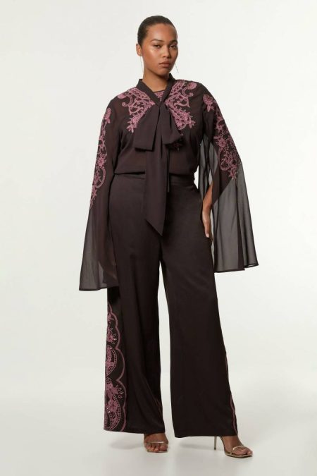 Plus Size Cutwork Beaded Twill Wide Leg Woven Pants Women Karen Millen Tailoring Chocolate
